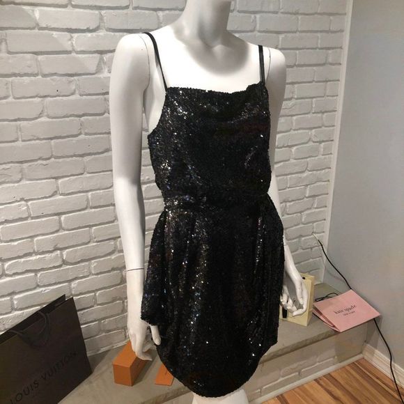 PEACOCK COLOR DISTRESSED SEQUIN ASYMETRICAL COCKTAIL GATHERED MINI DRAPED NECK - Picture 5 of 12